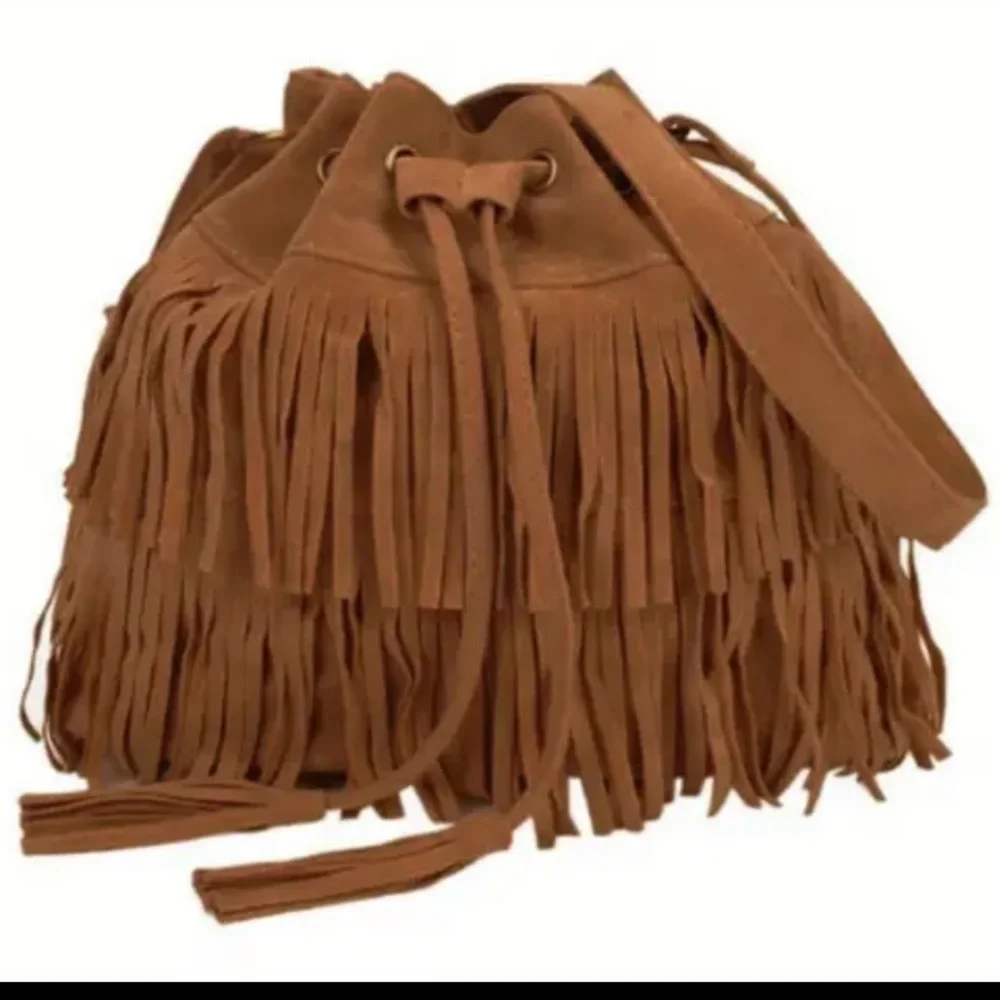 Dose of Daisy 🌼 Best Seller!!  BOHO Fringe Bucket Bag Vegan Leather Dark brown